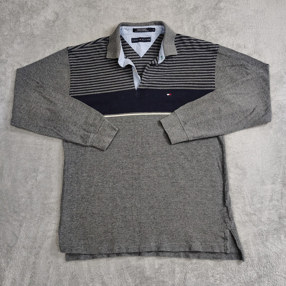 VINTAGE Y2K Streetwear Tommy Hilfiger Rugby Polo Shirt Men's L Blue Stripe Skate